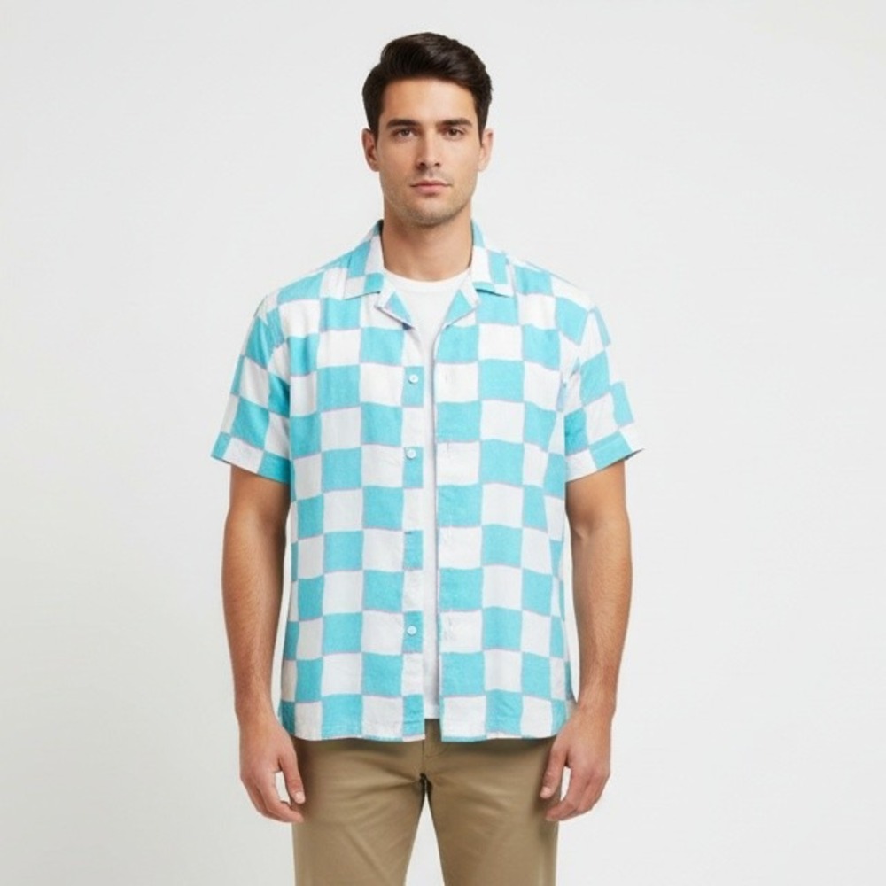 Chubbies The Pawn Rayon Shirt Mens Small Turquoise White Short Sleeve Button-Up